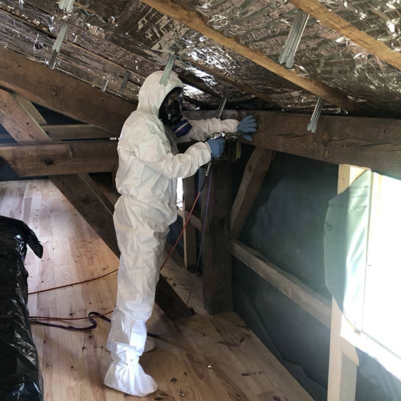 Technicien BDX Termites Lacanau en combinaison de protection traitant une poutre de charpente